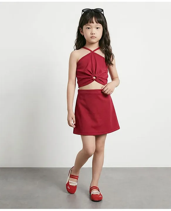 Knitted Sleeveless Halterneck Top & Skirt Co-ord Set With Neck Cut - Out Detail - Red